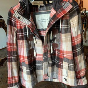 Hooded plaid pea coat